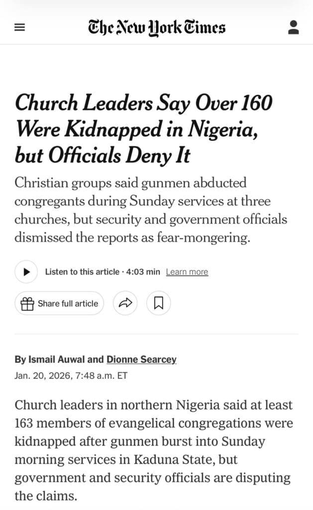 Screenshot of New York Times report with officials denying the kidnapping.