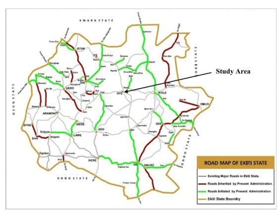 Road map of Ekiti state showing counties - inset Oye Ekiti county, Ekiti state. Picture Courtesy: Research Gate.