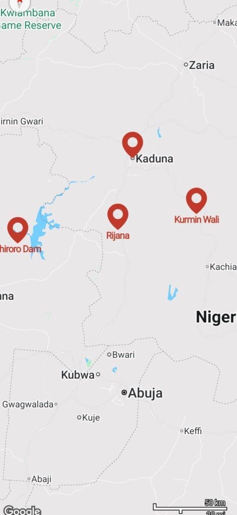 Map showing Rijana, Kurmin Walli and Kaduna in red pinheads (credit: Google)