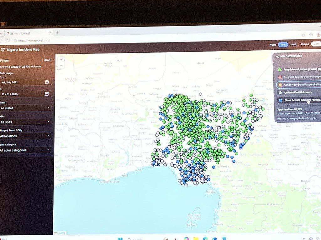 slide depicting the Nigerian Security Tracker. EquippingthepersecutedMap.org