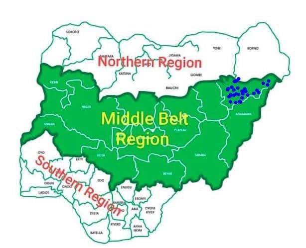 An illustration map of Nigeria, showing the unofficial sociopolitical zones of Nigeria with the Middle Belt in Green and Southern Borno in blue dotted settlements on the topmost east of the Middle Belt. (Credit: Middle Belt Forum)