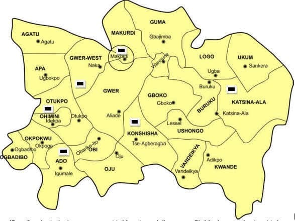 Map of Benue State showing Apa and other 22 counties in Benue State 
Credit: Benue Archive