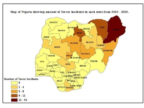Map of Nigeria showing amount of terror incidents in each state. Picture Courtesy: Research Gate.