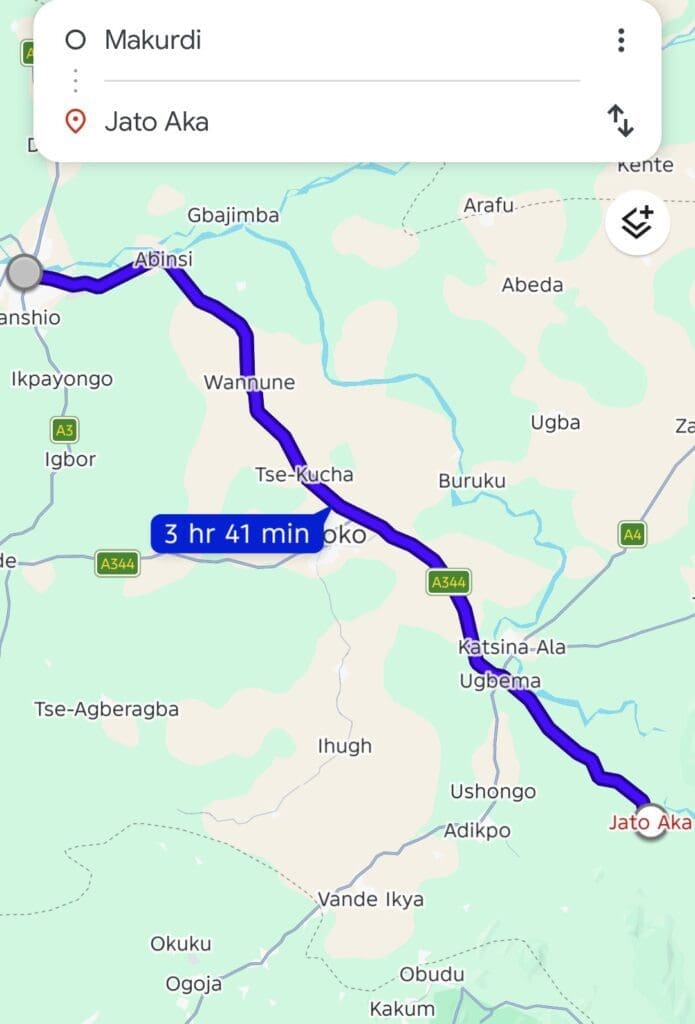 Distance of Kwande from Makurdi. Credit: Google Map. 
