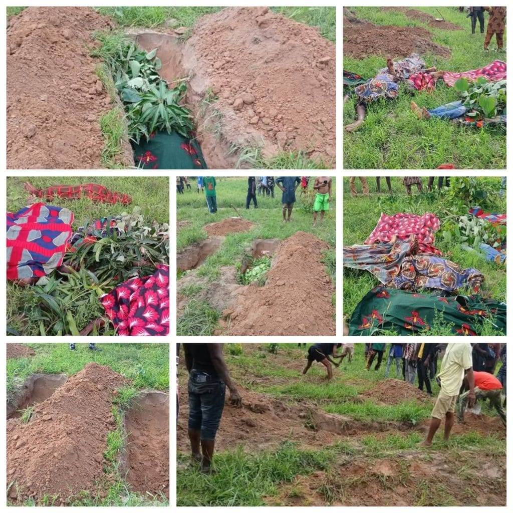 Some victims of Fulani terrorist attack on Edikwu-Ankpali, Apa County on June 1, 2025, hurriedly buried in shallow graves for fear of imminent fulani attacks. Credit: Ekani Olikita. 
