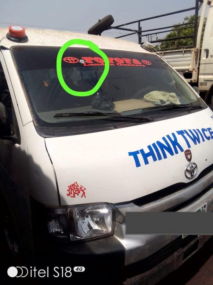 Picture showing a bus shot on the Abuja - Lokoja road by terrorists. Picture Courtesy: Egbe Mekun Media.