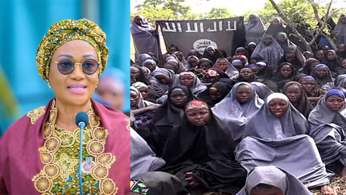 Nigeria’s First Lady Remi Tinubu (left) and Chibok girls (right)|Photo Credit: PeoplesGazette