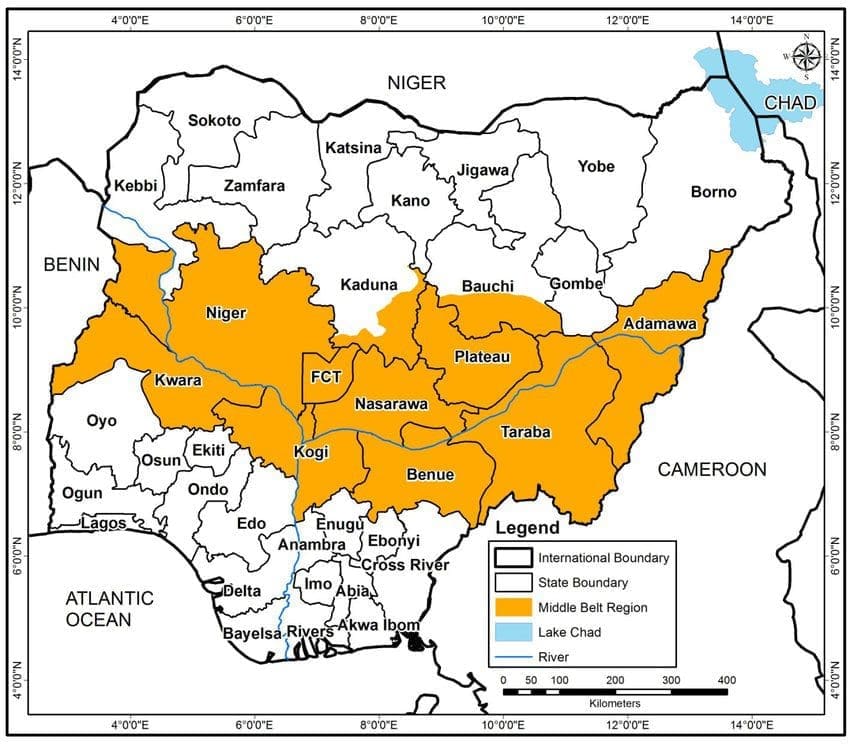 Map of Nigeria showing the location of the Middle Belt region. The Myth and reality of Middle Belt politics in Nigeria By Changwak Emmanuel Jonah ResearchGate