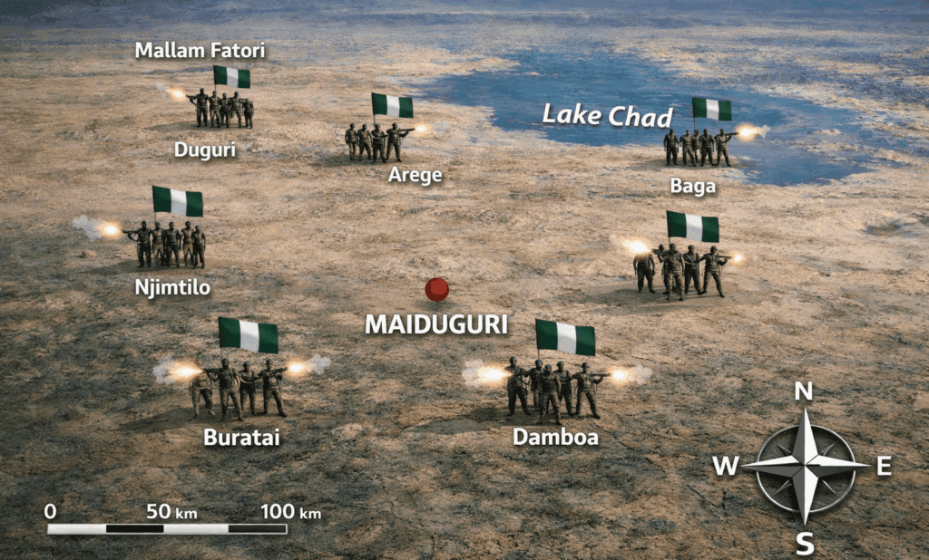 Aerial view of locations of repelled attacks from ISWAP/Boko Haram in Borno State, North East Nigeria, between 16th and 18th March, 2026. (credit: Luka Binniyat for TruthNigeria)