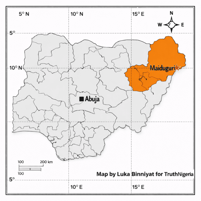 Map of Nigeria showing Borno State in Orange colour with Maiduguri starred in red: (Credit: Luka Binniyat for TruthNigeria).