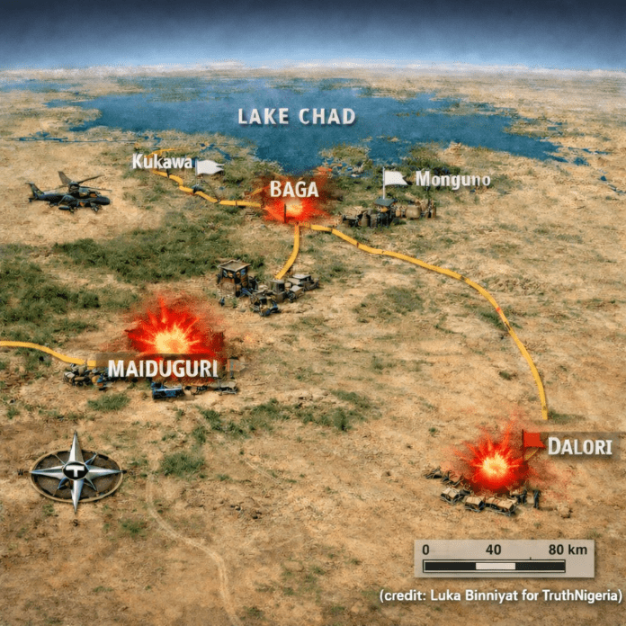 Three-Dimensional scaled depiction of points of Monday's night attacks on Maiduguri, Dalori and Baga in Borno state, North East Nigeria. (credit: Luka Binniyat for TruthNigeria)