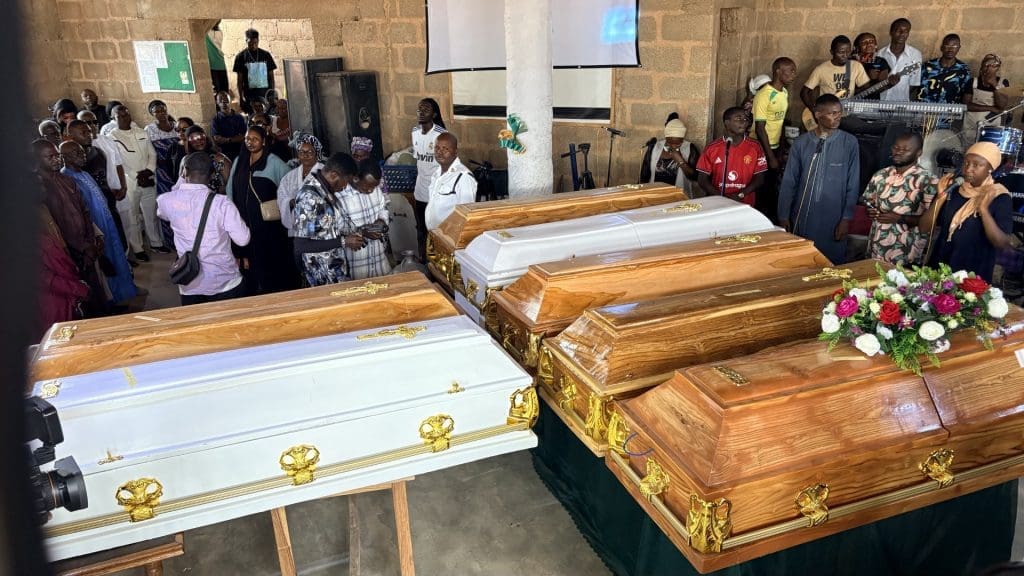 Coffins of seven victims of Palm Sunday attacks laid in Church during mass funeral service on April 7th.