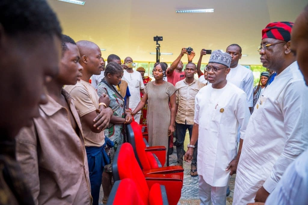 Governor Hyacinth Alia and freed kidnapped victims at Government House Makurdi. Credit: Government House Press.