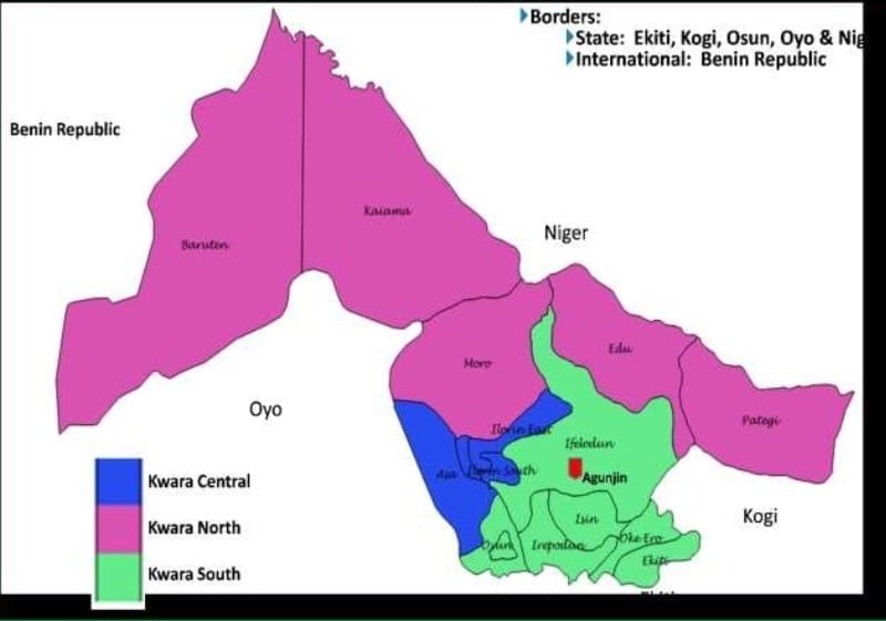 Map of Kwara state showing Agunjin community in Ifelodun county.