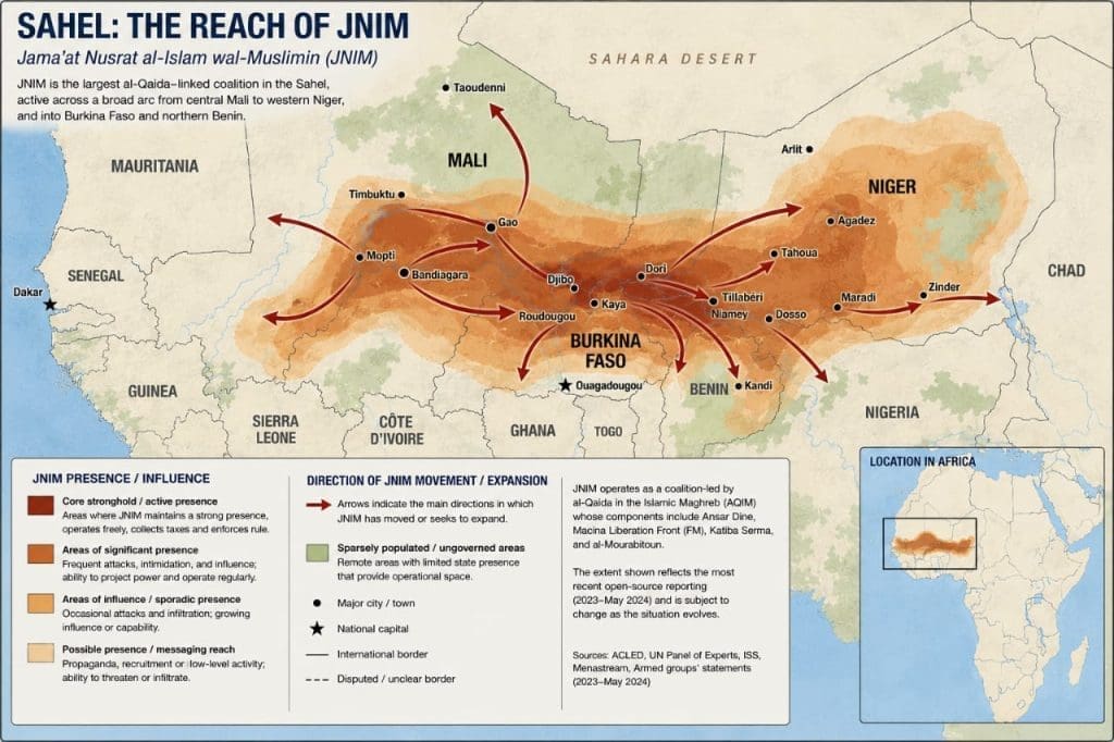 Map showing the extent of JNIM control in Sahel Africa. Map designed by Mike Odeh James.