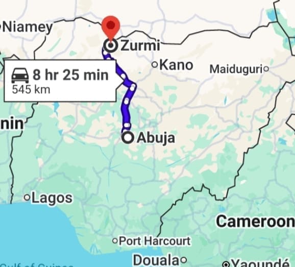 Map showing the direction of Zurmi from Nigeria's capital Abuja. Map by Google Map.