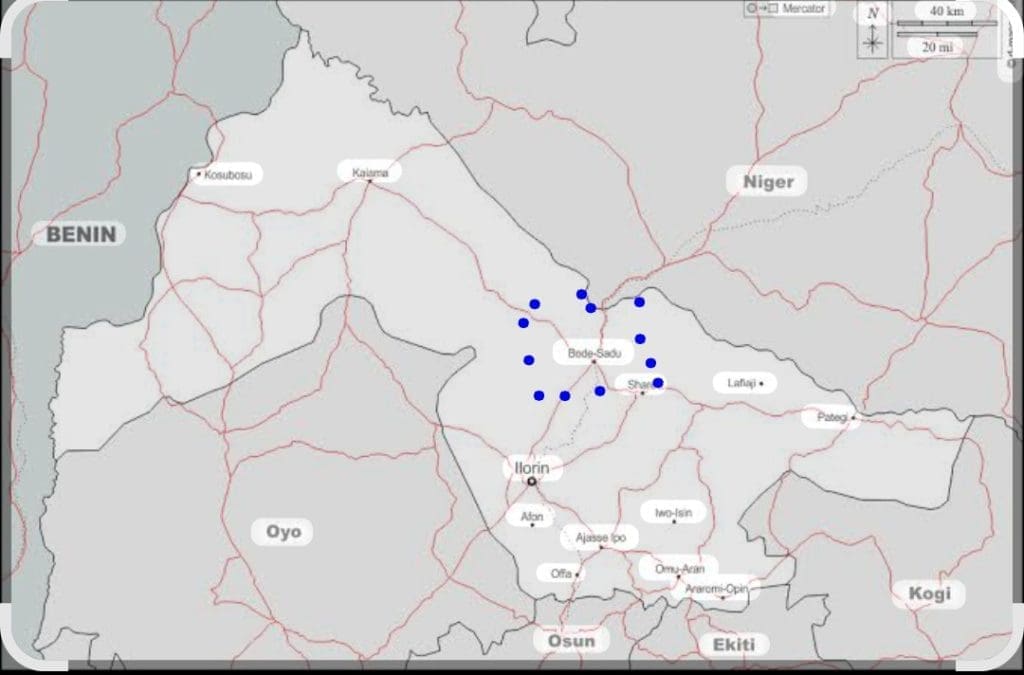 Map of Kwara state showing location of Bode Saadu. Picture Courtesy: Google.