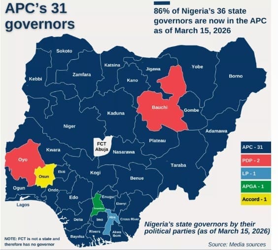 Map showing the 31 states the All Progressives Congress APC Controls |Photo Credit: TheIntelPoint_Facebook