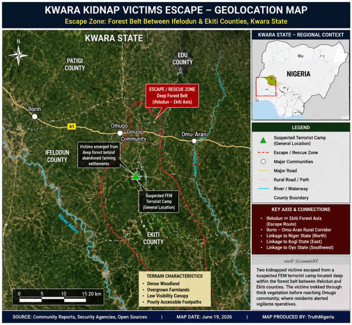 Map showing Kwara Kidnap Victims Escape route. Map Courtesy: Onibiyo Segun (drawn with AI).
