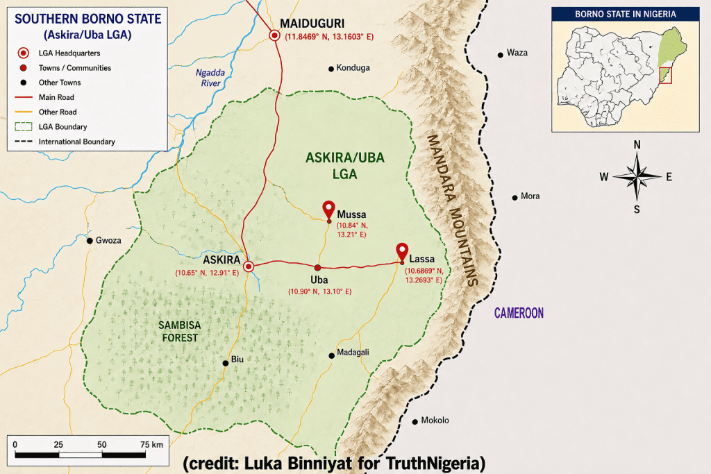 Map Showing Lassa in red pinhead and Mussa (from where 42 school children were kidnapped by Boko Haram since May 15, 2026 and still remain with them) in red pinhead.
