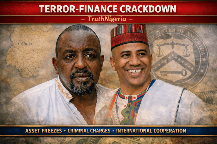 “Composite news graphic showing two Nigerian Fulani leaders, Ardo Lawal Mohammed Dono and Bello Abdullahi Bodejo, under the headline ‘Terror‑Finance Crackdown – TruthNigeria.’ The image includes a faded U.S. Treasury seal and a sanctions bar referencing asset freezes, criminal charges, and international cooperation